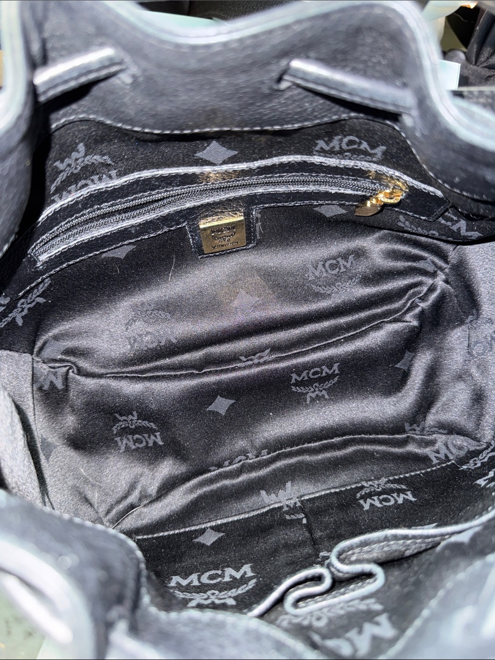MCM Black Pebbled Leather Drawstring Shoulder Crossbody Bag with Gold Hardware - Picture 10 of 13